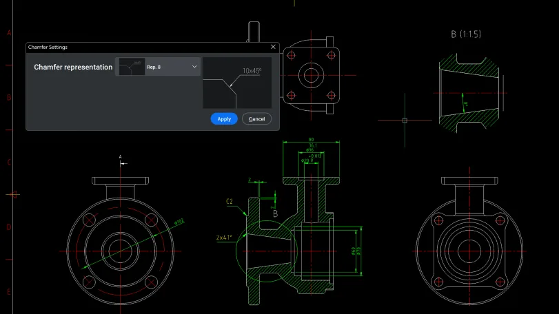 Mechanical drawing with chamfer dimension settings