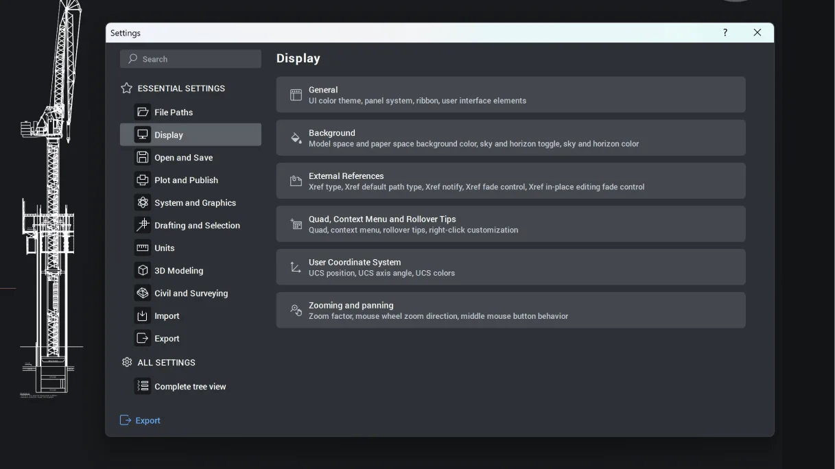 Tabbed, searchable Settings dialog