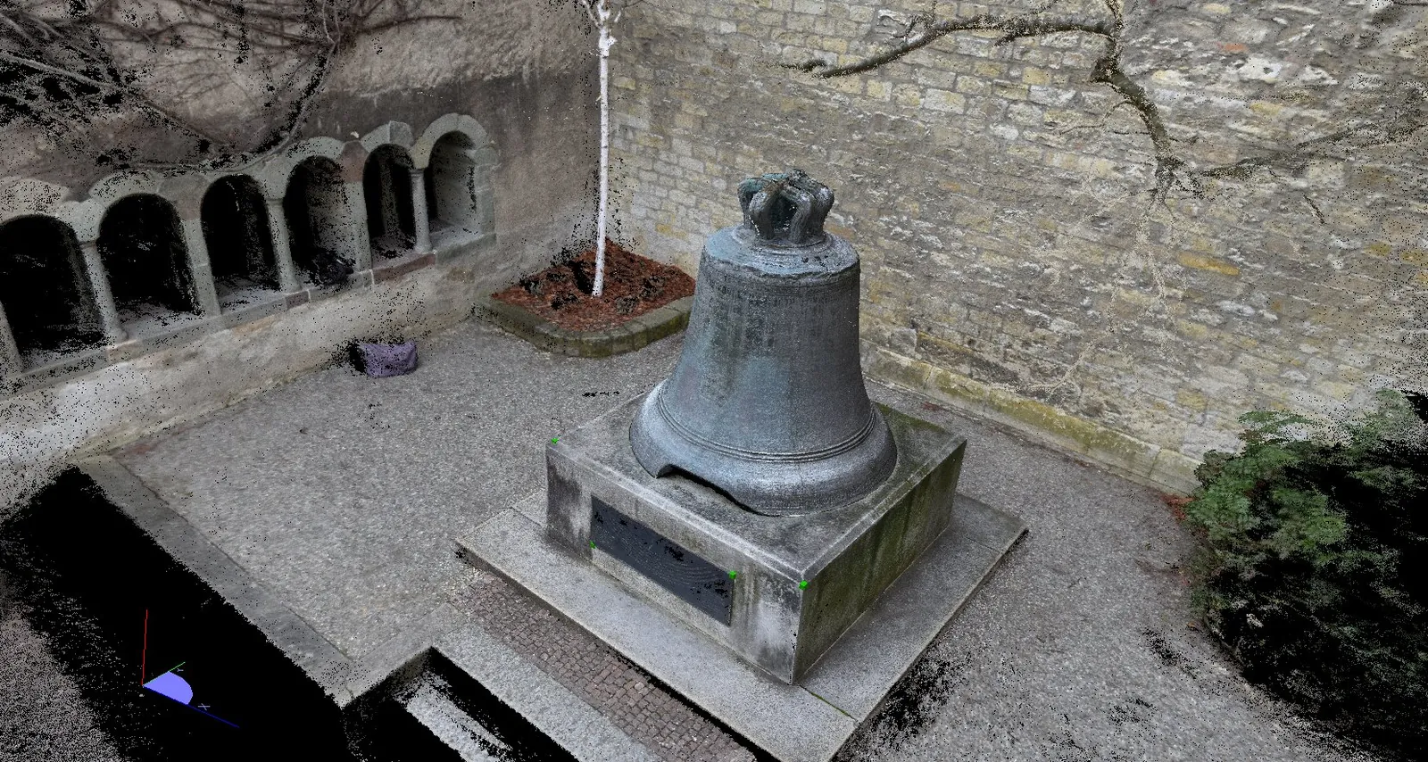 3D point cloud of a bell monument in a courtyard